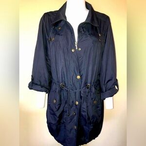 Hawke & Co Dark Blue Long Snap Front Hidden Zip Front Tie Tab Sleeve Jacket